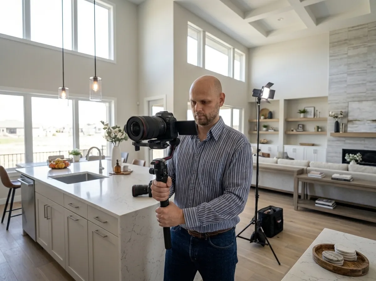 Vlad Varakin filming a Calgary real estate video with a Ronin RS 4 gimbal and Canon camera