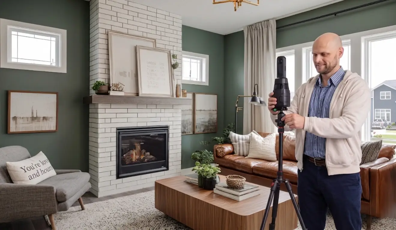 iGUIDE specialist from Photos 4 Real Estate taking RMS measurements of a living room for an Alberta listing
