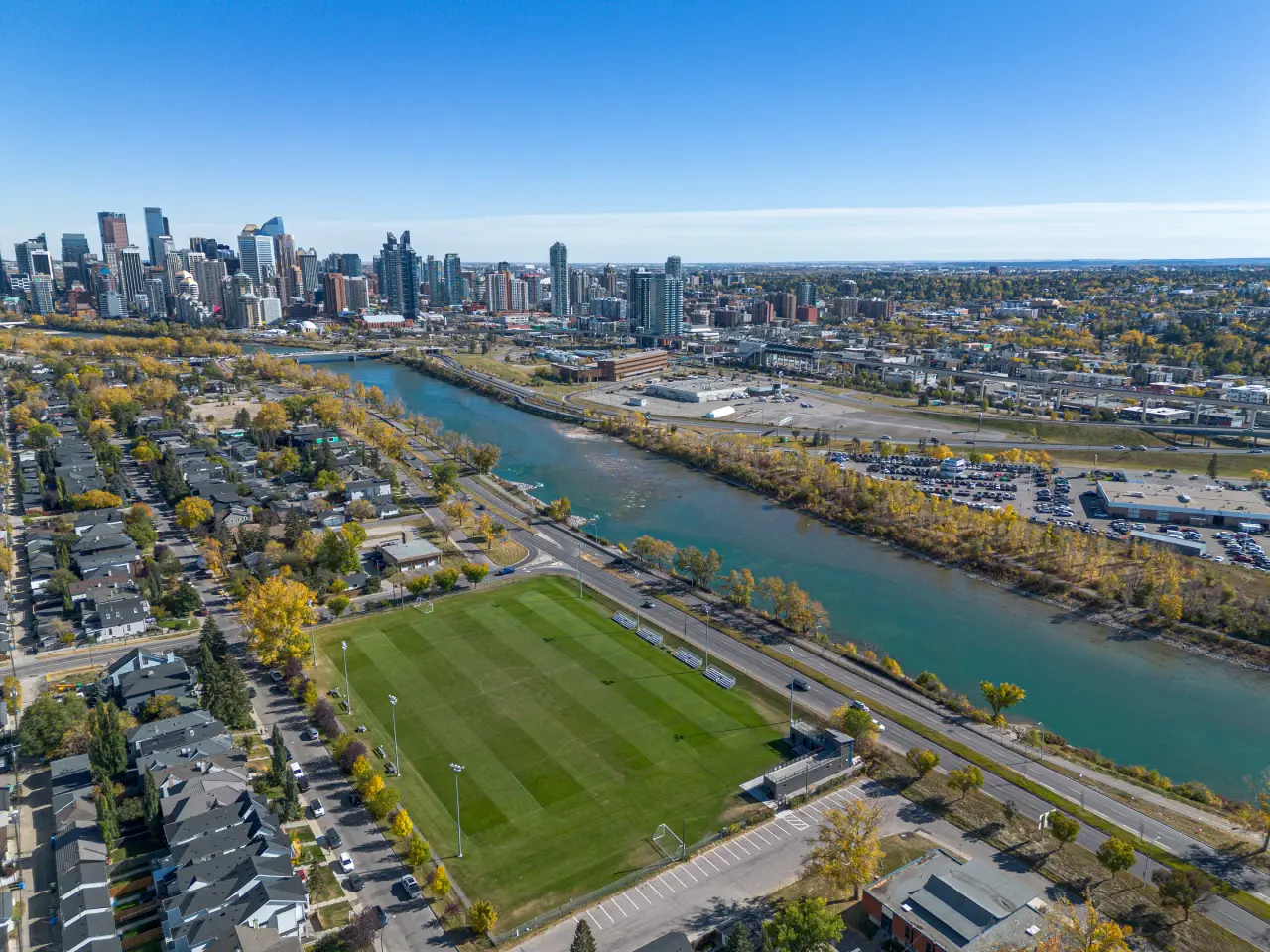 Drone view of downtown Calgary and the Bow River
