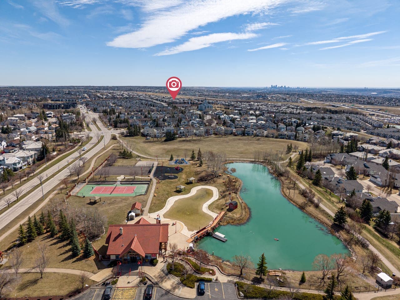 Aerial drone view of northwest Calgary neighbourhood context