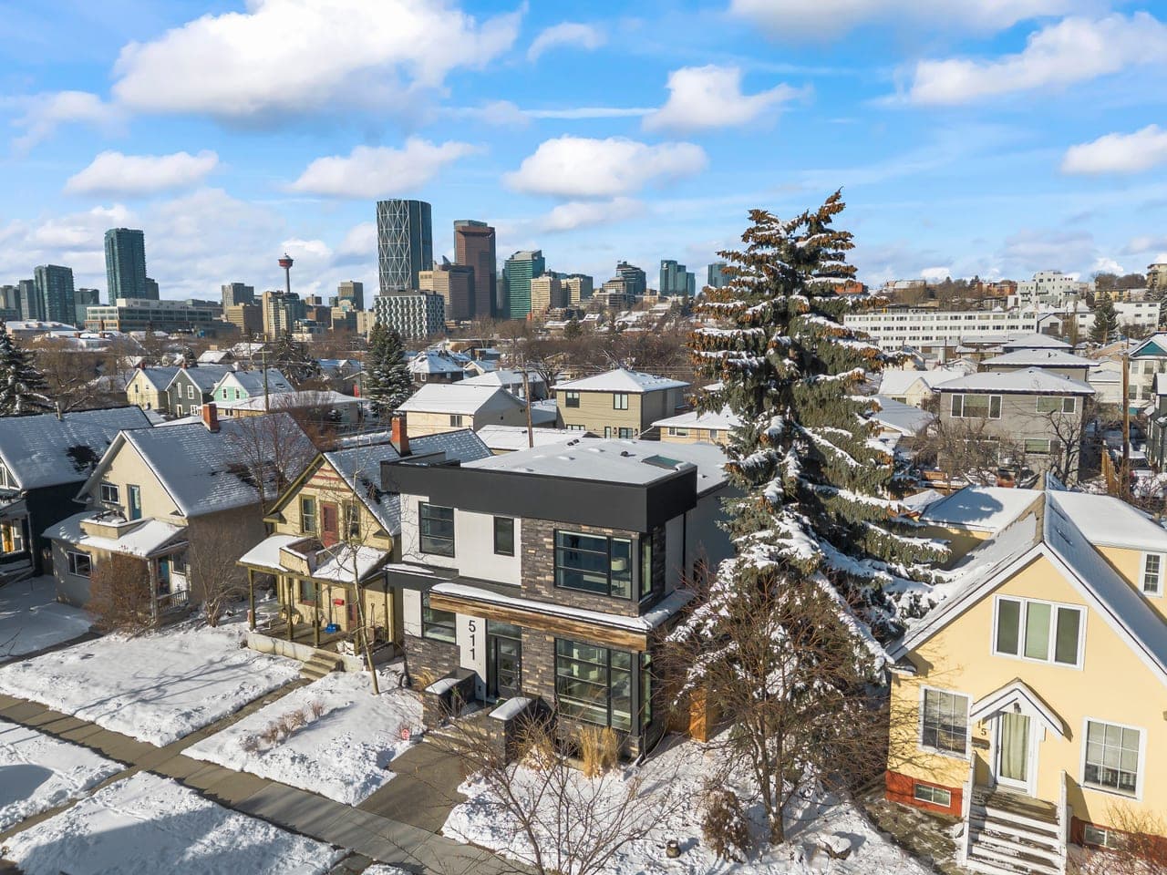 Drone photo of a house near Downtown Calgary