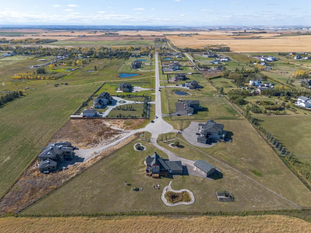 Drone photo showing acreages near Calgary