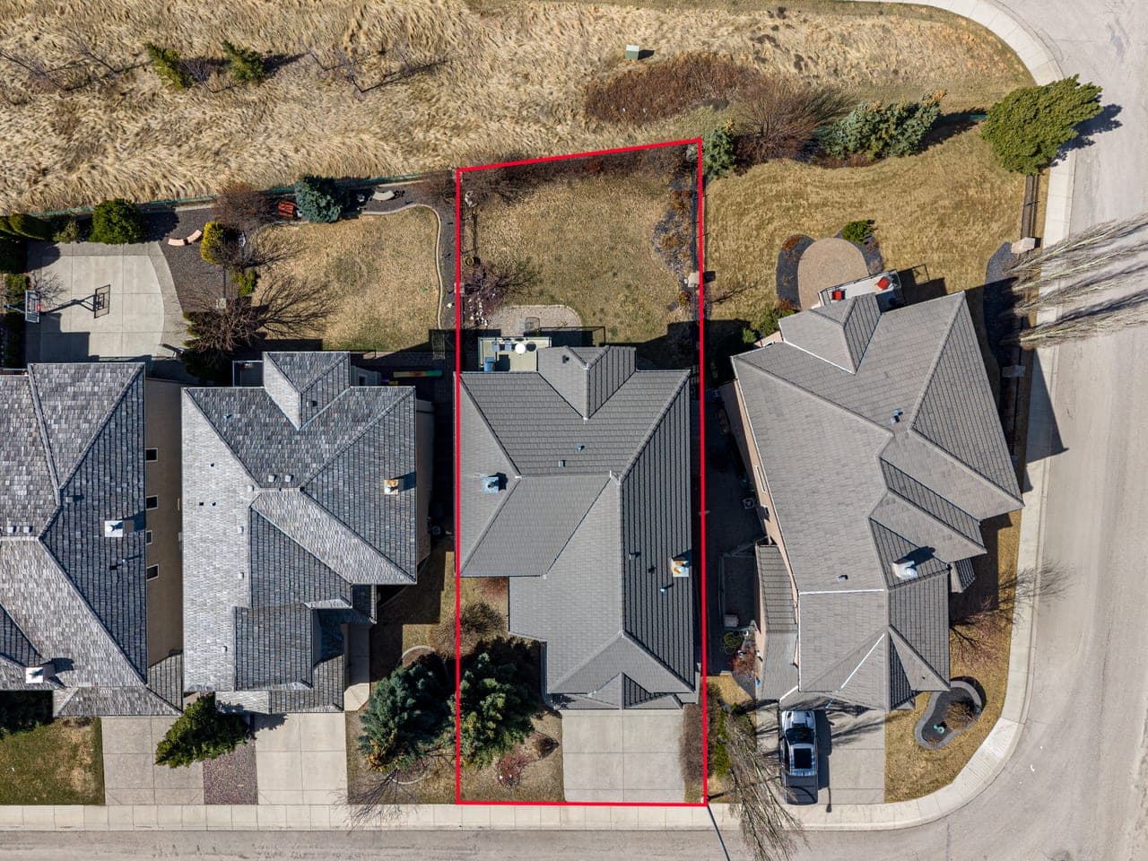 Straight-down drone view of a Calgary property with lot boundaries