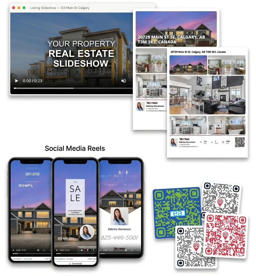 Preview collage of free real estate marketing tools including reels, slideshows, flyers and QR codes