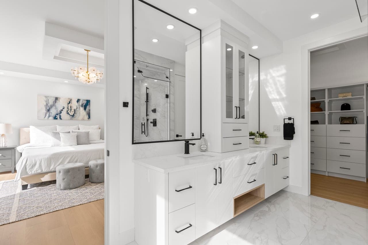 Bathroom with view to bedroom photographed for an Airbnb or rental listing by Photos 4 Real Estate