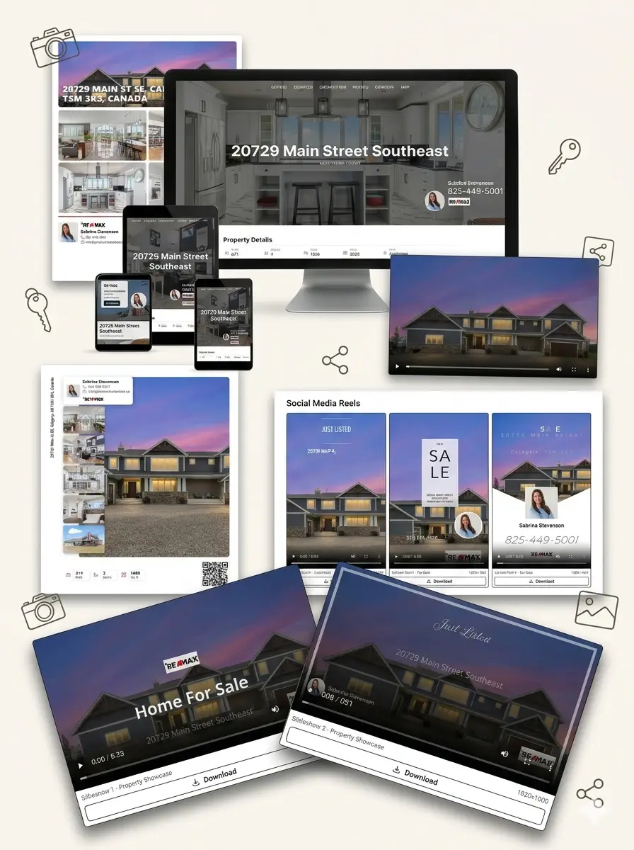 Marketing kit preview from Photos 4 Real Estate with reels, websites, flyers, and slideshows for a Calgary listing