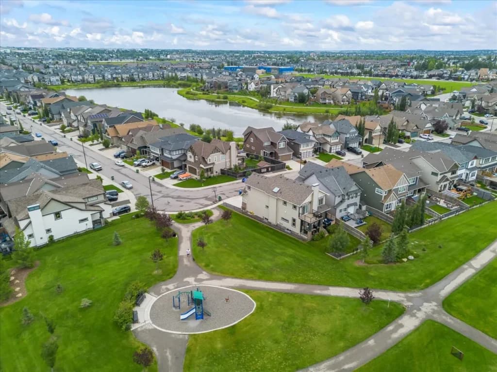 Drone view of an Airdrie home and surrounding neighbourhood captured for a real estate listing