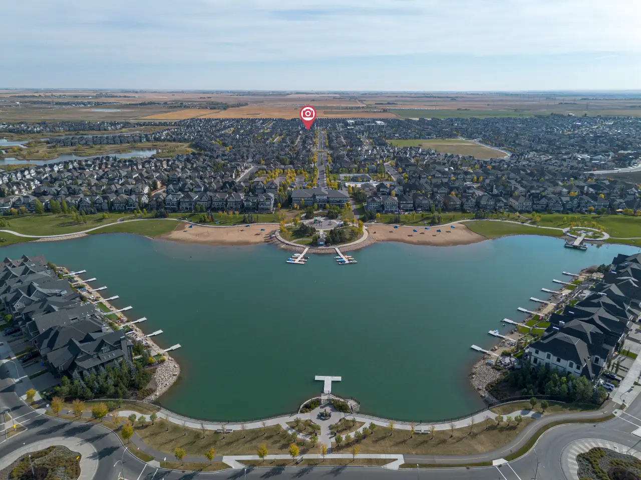 Drone photograph of Mahogany Lake and nearby homes in Calgary