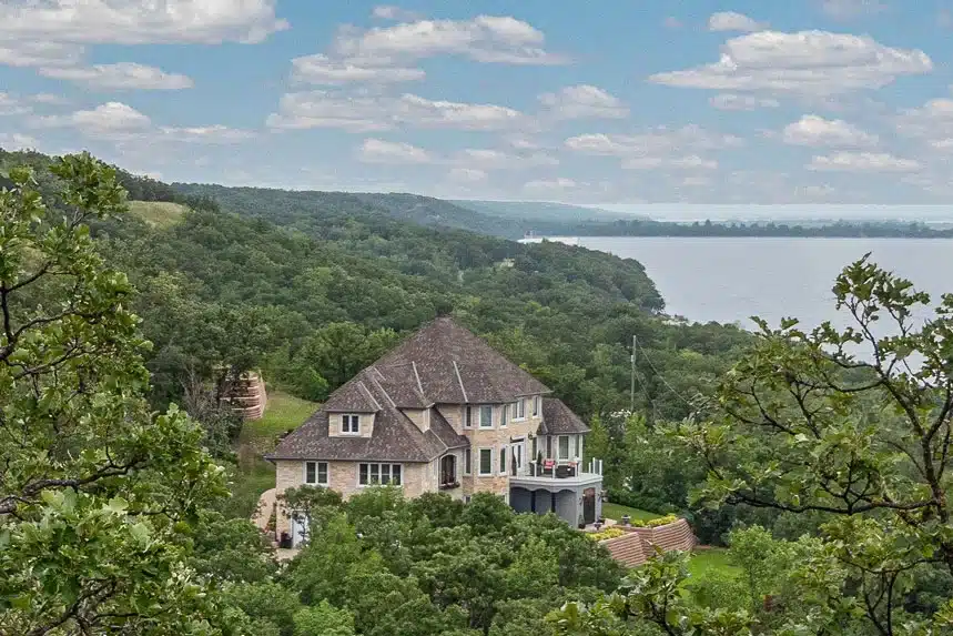 drone photo of a house on lake